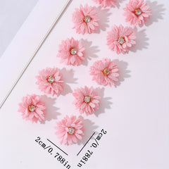 10pcs Pink Fabric Flower Hair Clips with Rhinestones for Parties