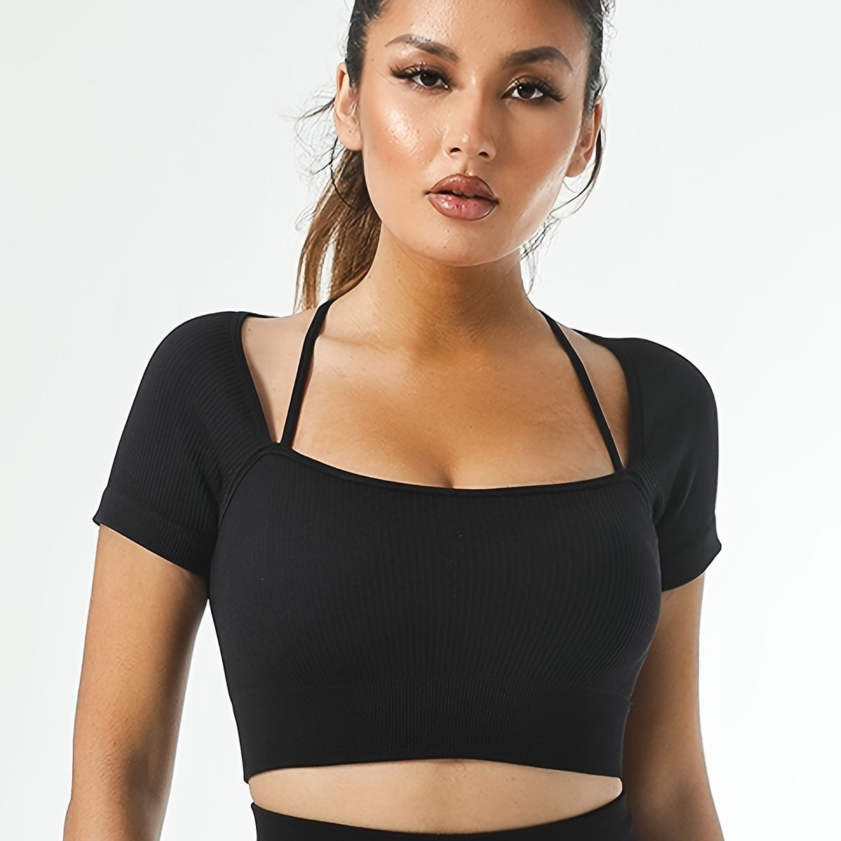 Ribbed Halterneck Sports Bra Quick Dry Yoga Workout Activewear