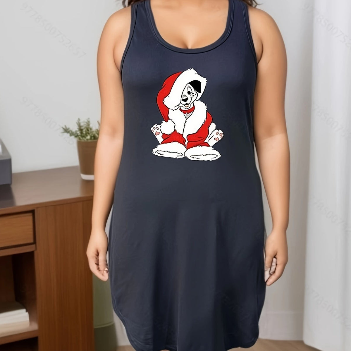  Christmas Lounge Dress Women's Plus Christmas Hat Dog Print Nightdress