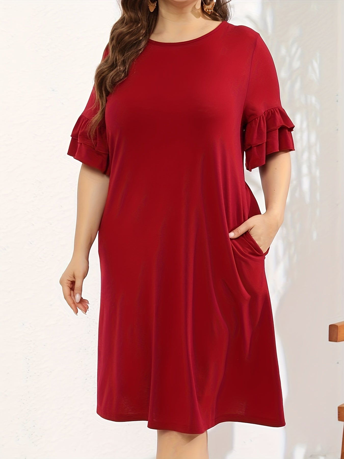 Women's Plus Solid Ruffle Trim Layered Sleeve Midi Dress
