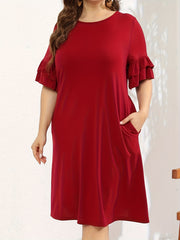 Women's Plus Solid Ruffle Trim Layered Sleeve Midi Dress