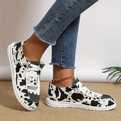 Women's Milk Cow Imprint Canvas Shoes Lace up Slip on Flat Shoes