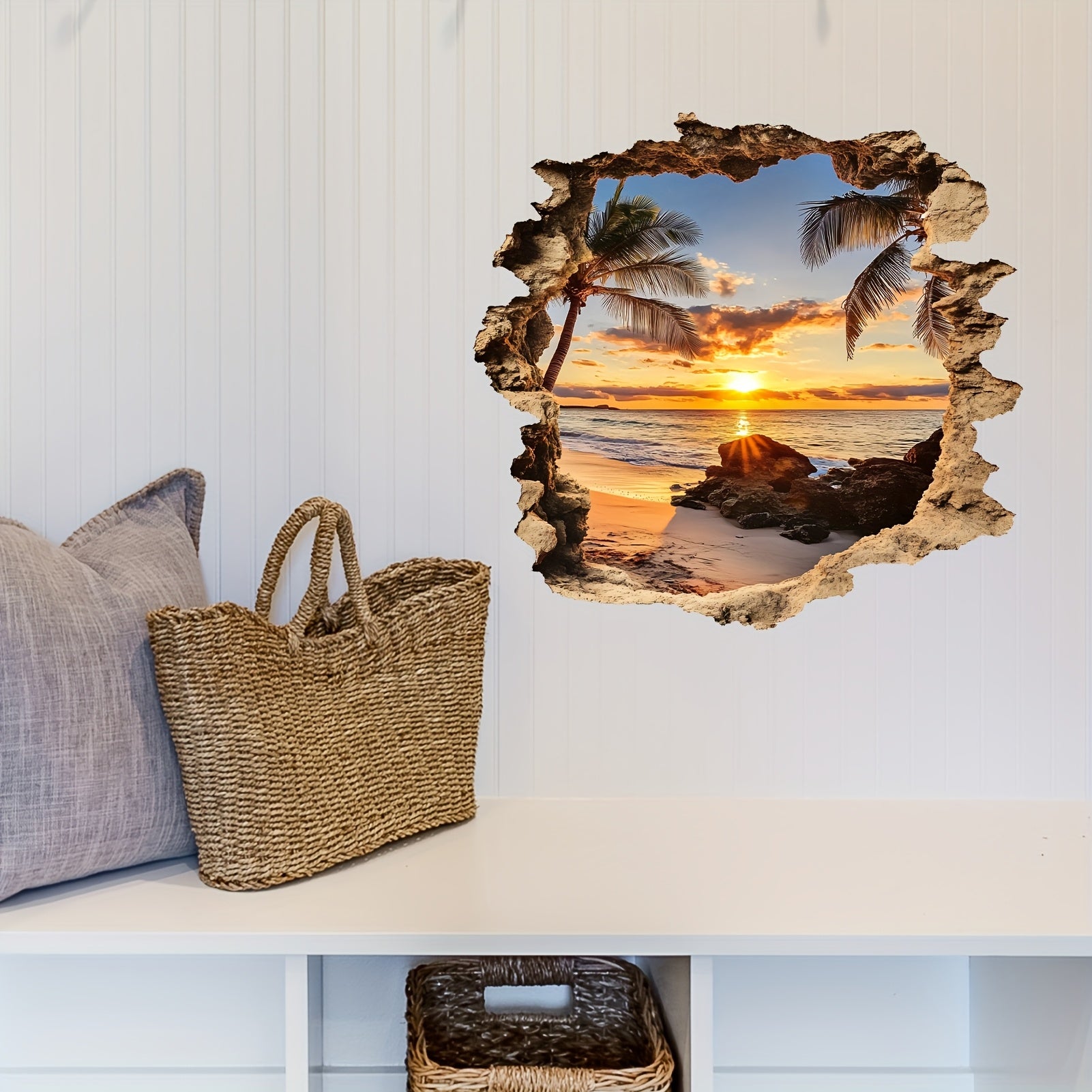 3D Beach Ocean Landscape Wall Decal Removable Irregular Shape Mural
