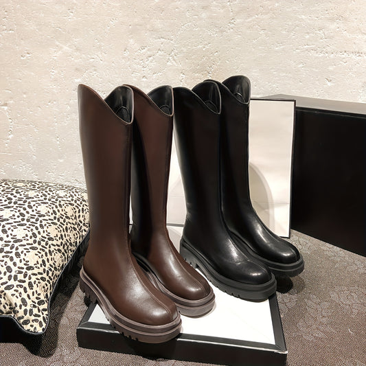 Women's Platform Knee High Boots Solid Round Toe Back Zip Long Boots
