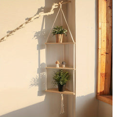 Triangular Wooden Shelf Wall Hanging with Bohemian Beads and Cotton Rope