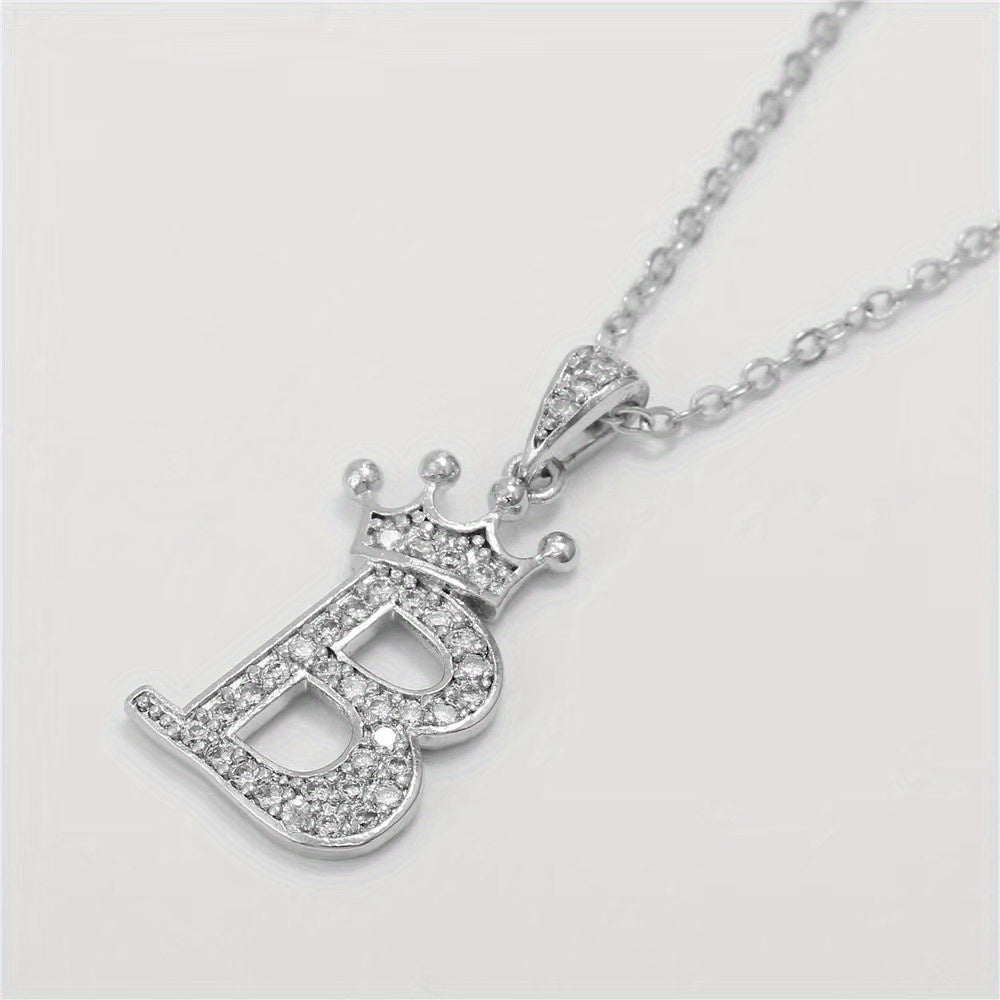 Zircon Crown Letter Necklace Pendant in Golden Plated Copper Chain