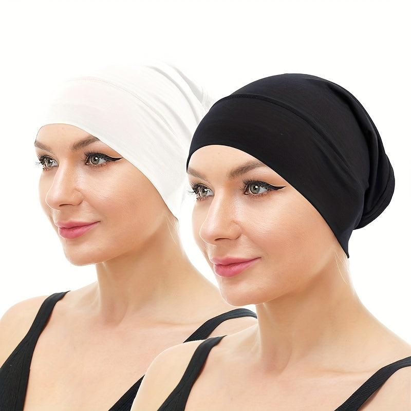 2pcs Soft Elastic Inner Cap Lightweight Head Wrap Soft Underscarf Beanie Cap