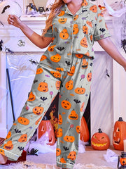  Pumpkin & Bat Print Pajama Set for Women