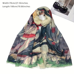 Flower & Anime Character Print Raw Trim Scarf Casual Shawl Wrap
