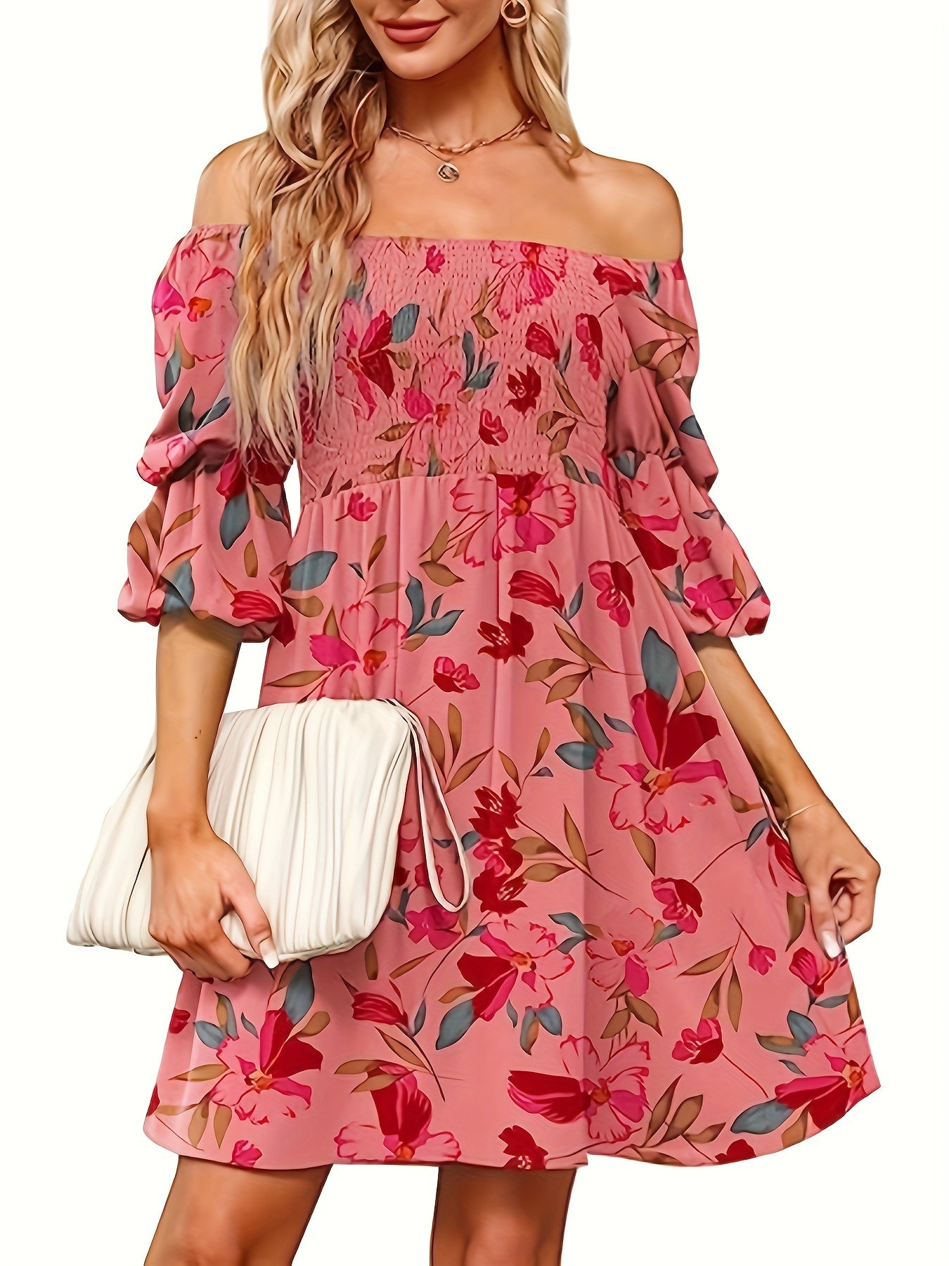 Floral Print Shirred Square Neck Dress Casual Three quarter Sleeve Dress