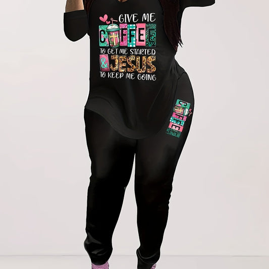 Plus Size Women's Casual 2 Piece Set Long Sleeve V Neck Top & Leggings