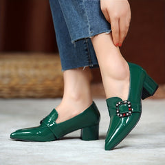 Rhinestone Chunky Heel Slip-On Shoes - Women's Comfortable Pointed Toe Heels