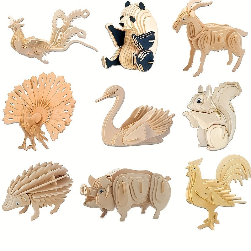 Wooden Dinosaur Rhinoceros Crocodile Horse Animal Puzzle DIY Model