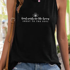 Bee & Letter Print Sleeveless Sports Vest Stretchy Casual Top