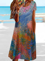  Boho Dress Round Neck Short Sleeve Tee Dress