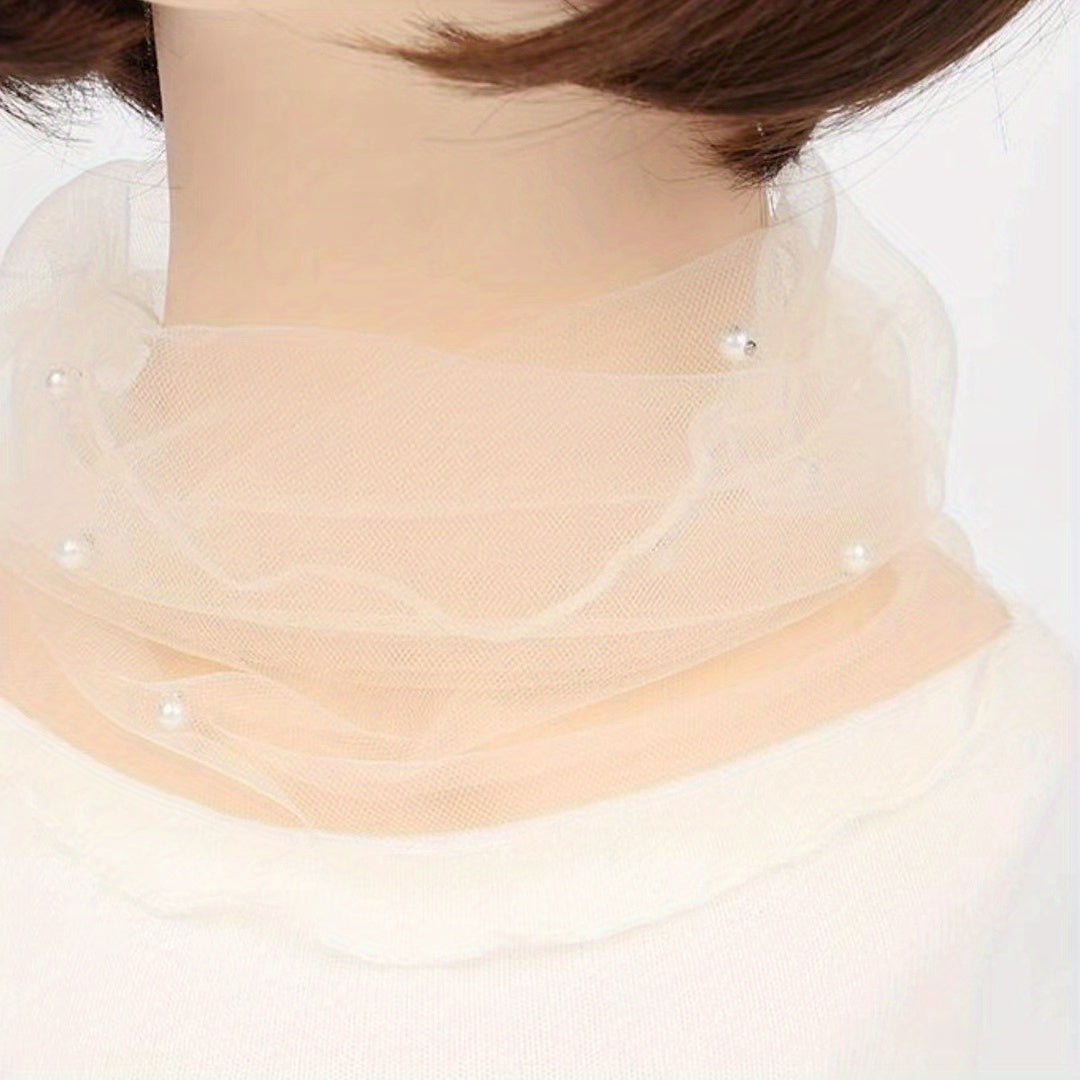 Faux Pearl Scarf Neckerchief Lightweight Gauze Infinity Scarf
