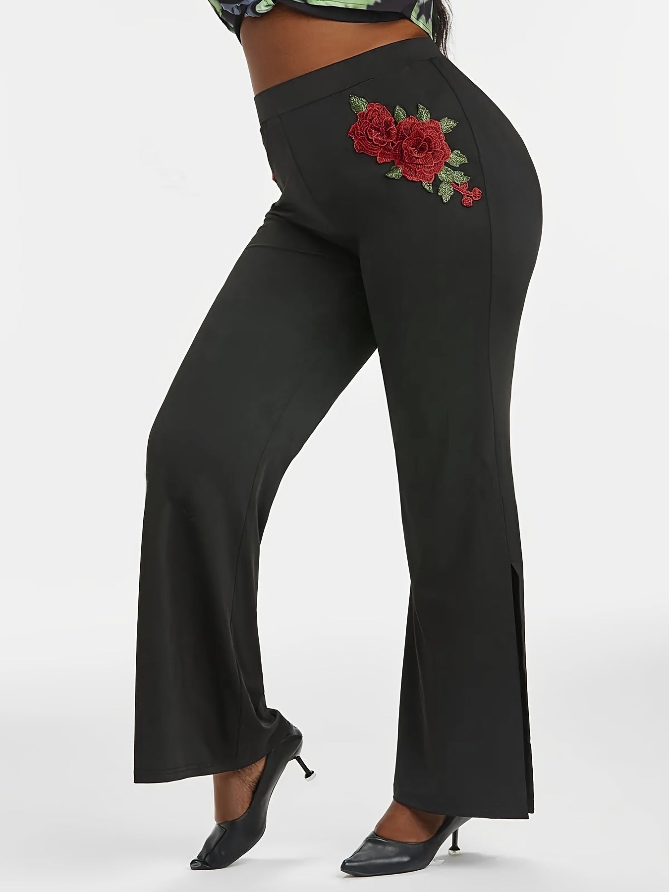 Plus Rose Applique High Waist Straight Leg Pants
