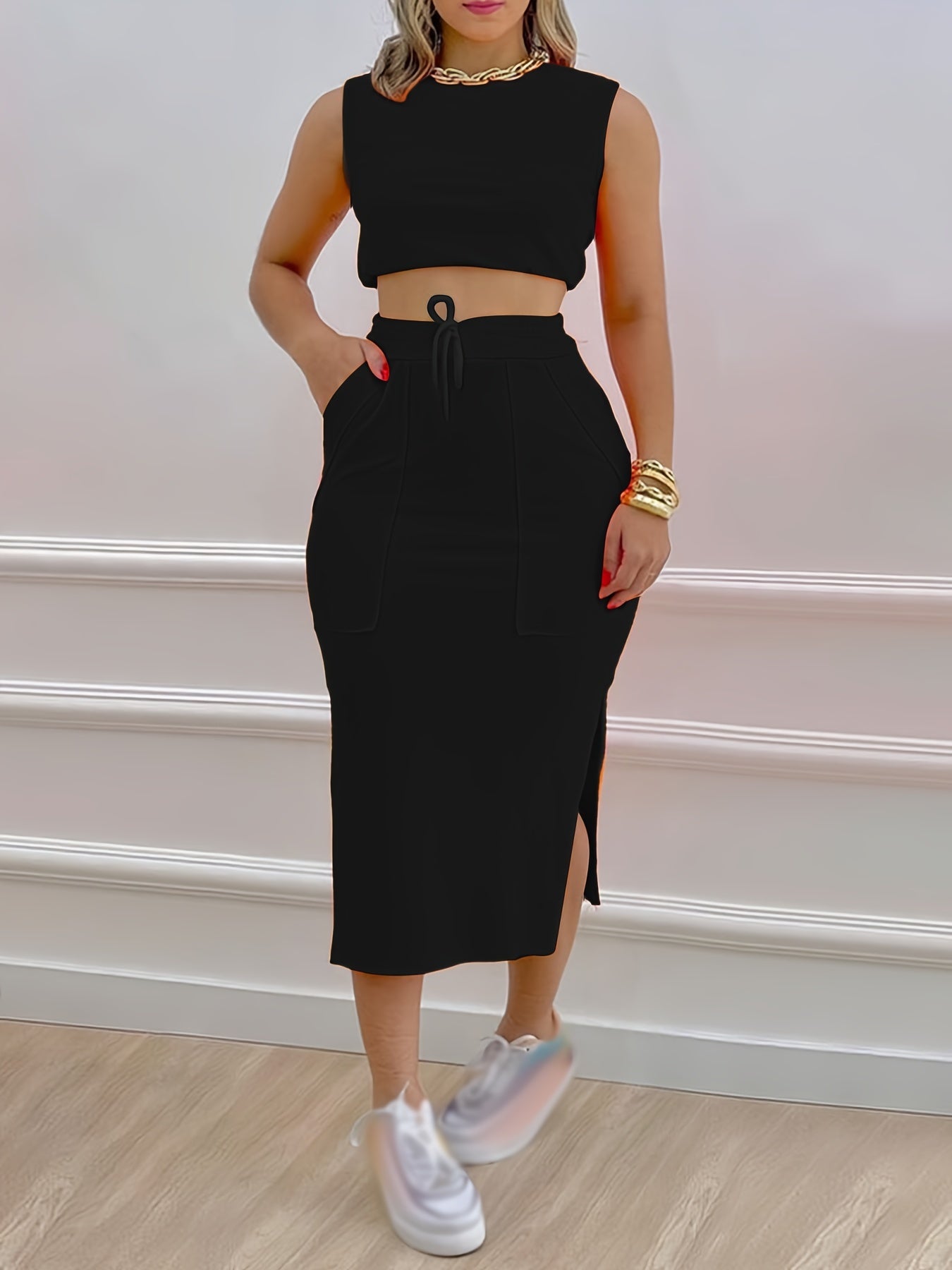 Casual Two Piece Set Sleeveless Top & Split Skirt Outfit