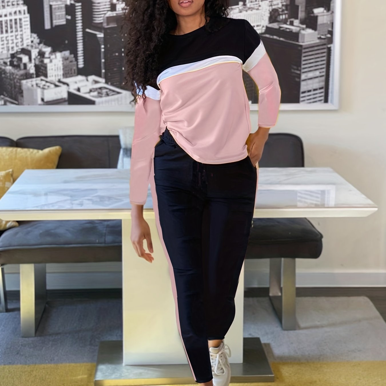 Women's Sporty 2-Piece Set Crew Neck Sweatshirt & Sweatpants