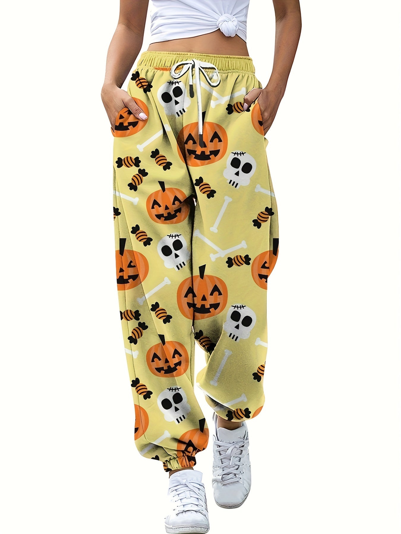 Pumpkin Print Halloween Drawstring Pants Women's Clothing