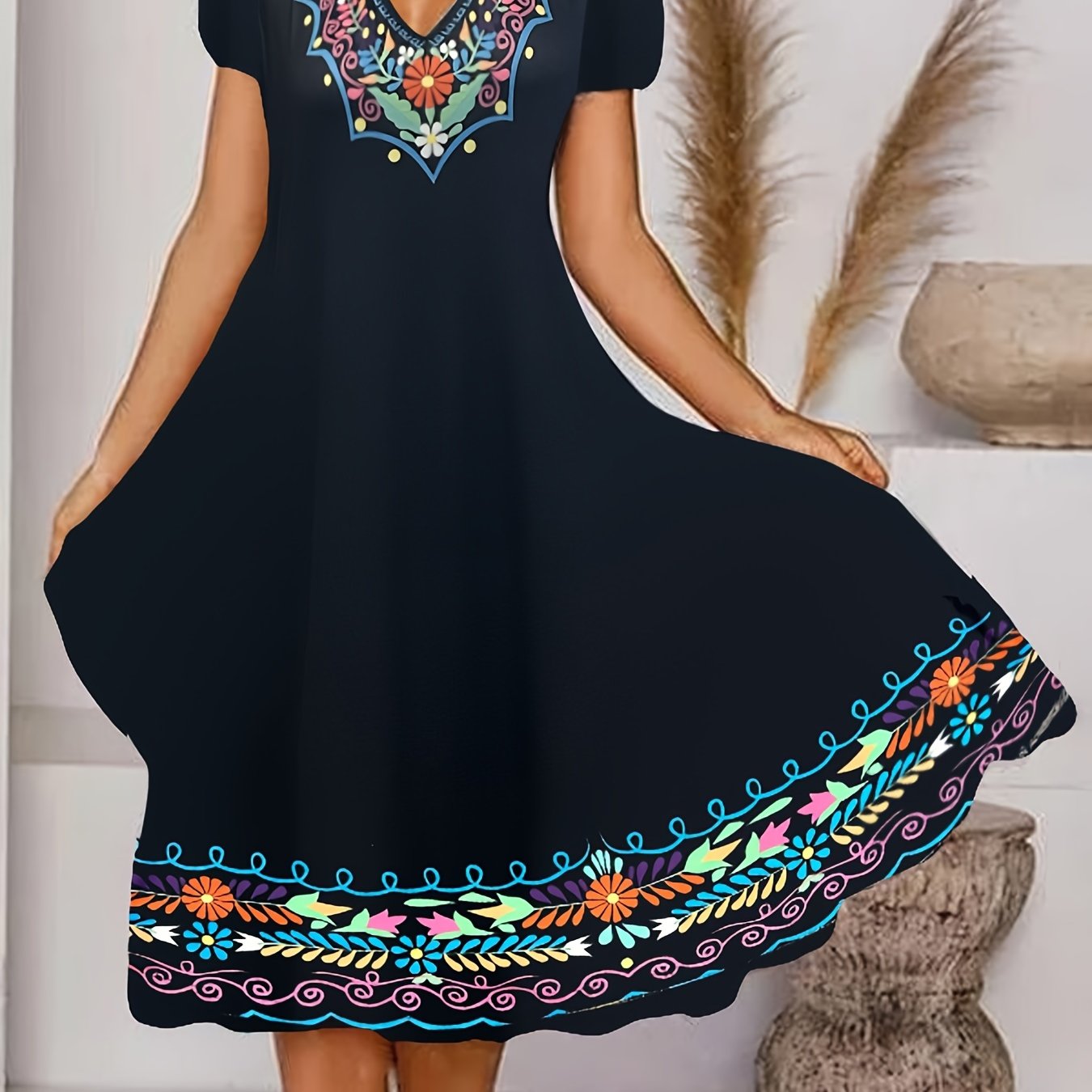 Floral Print V Neck Plus Size Casual Dress