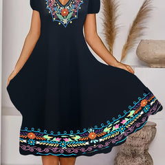 Floral Print V Neck Plus Size Casual Dress