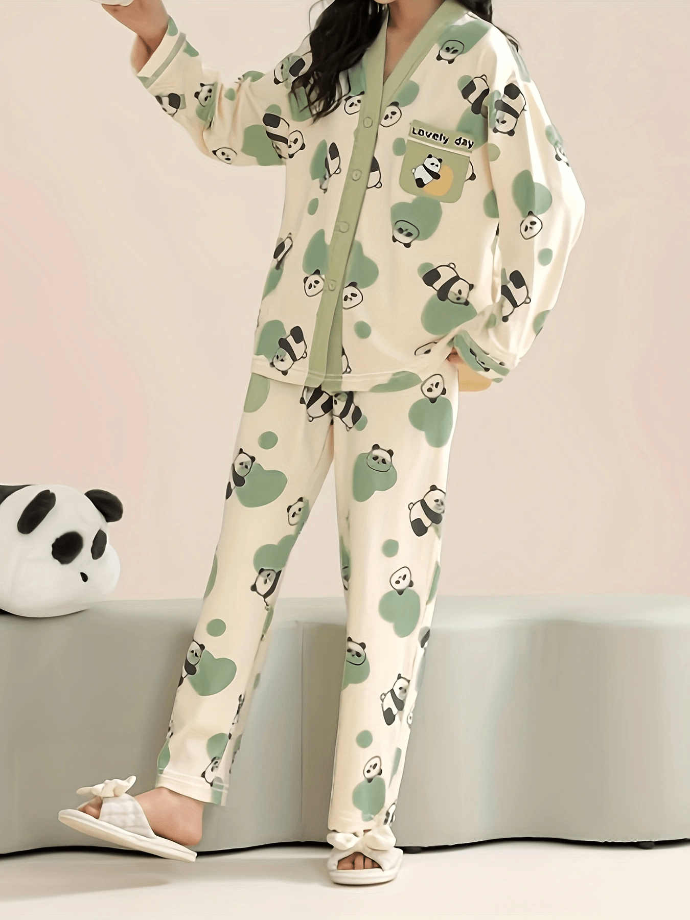 Panda Print Pajama Set Long Sleeve Top & Pants