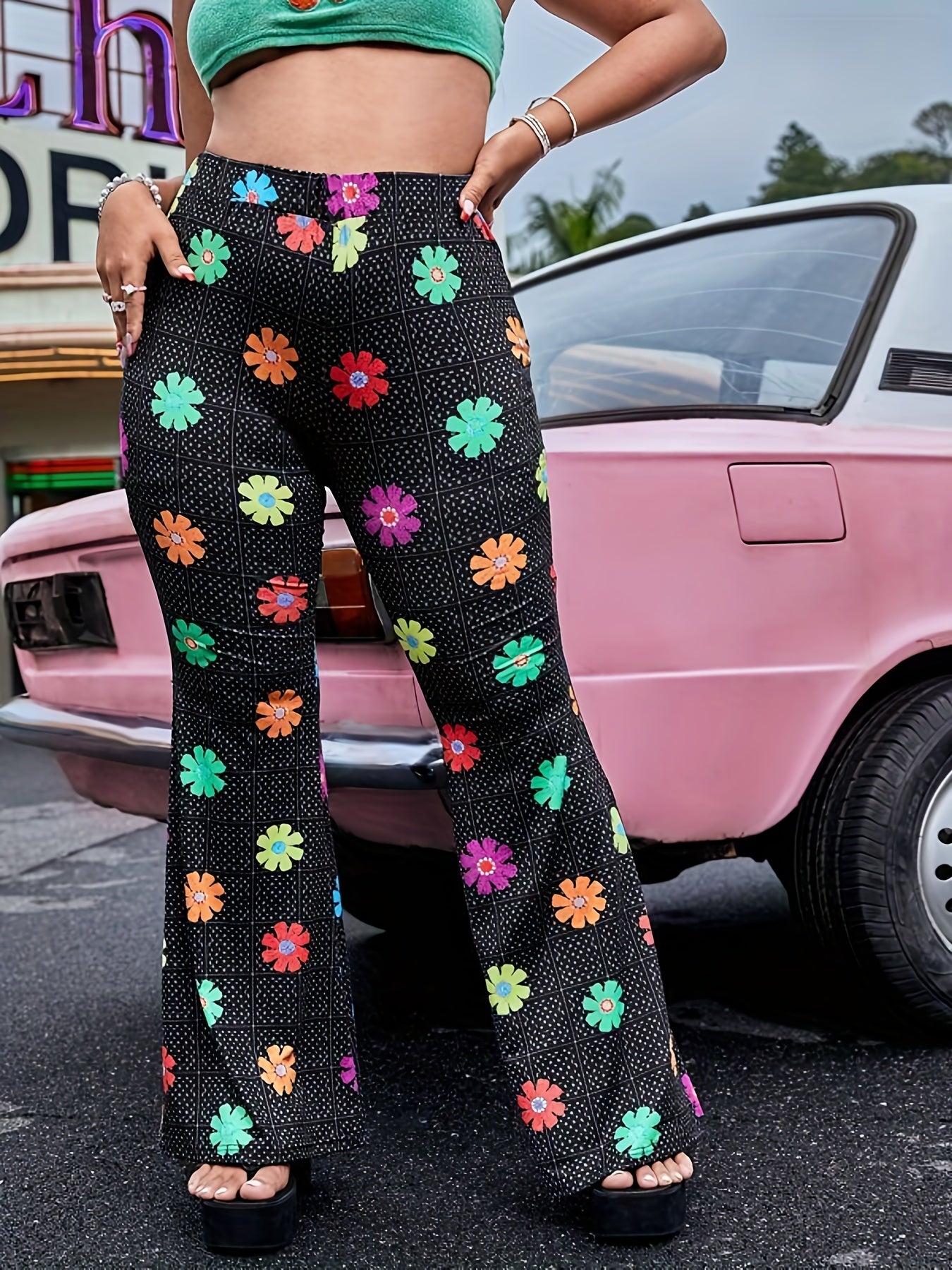 Floral High Rise Flared Leg Trousers Plus Size