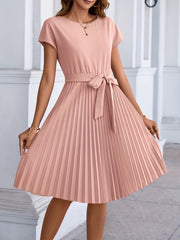 Pleated Tie Front Dress Short Sleeve Casual Solid Dress