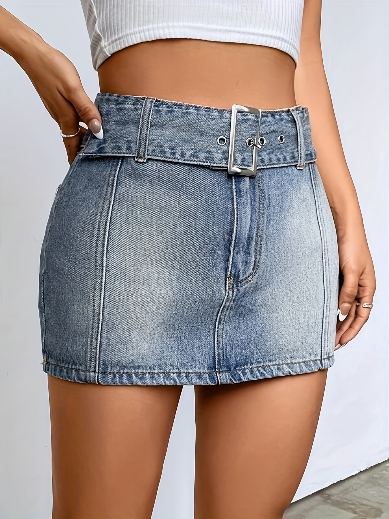 Adjustable Belt High Waist Mini Denim Skirt Women's Clothing
