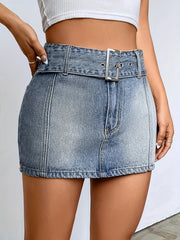 Adjustable Belt High Waist Mini Denim Skirt Women's Clothing