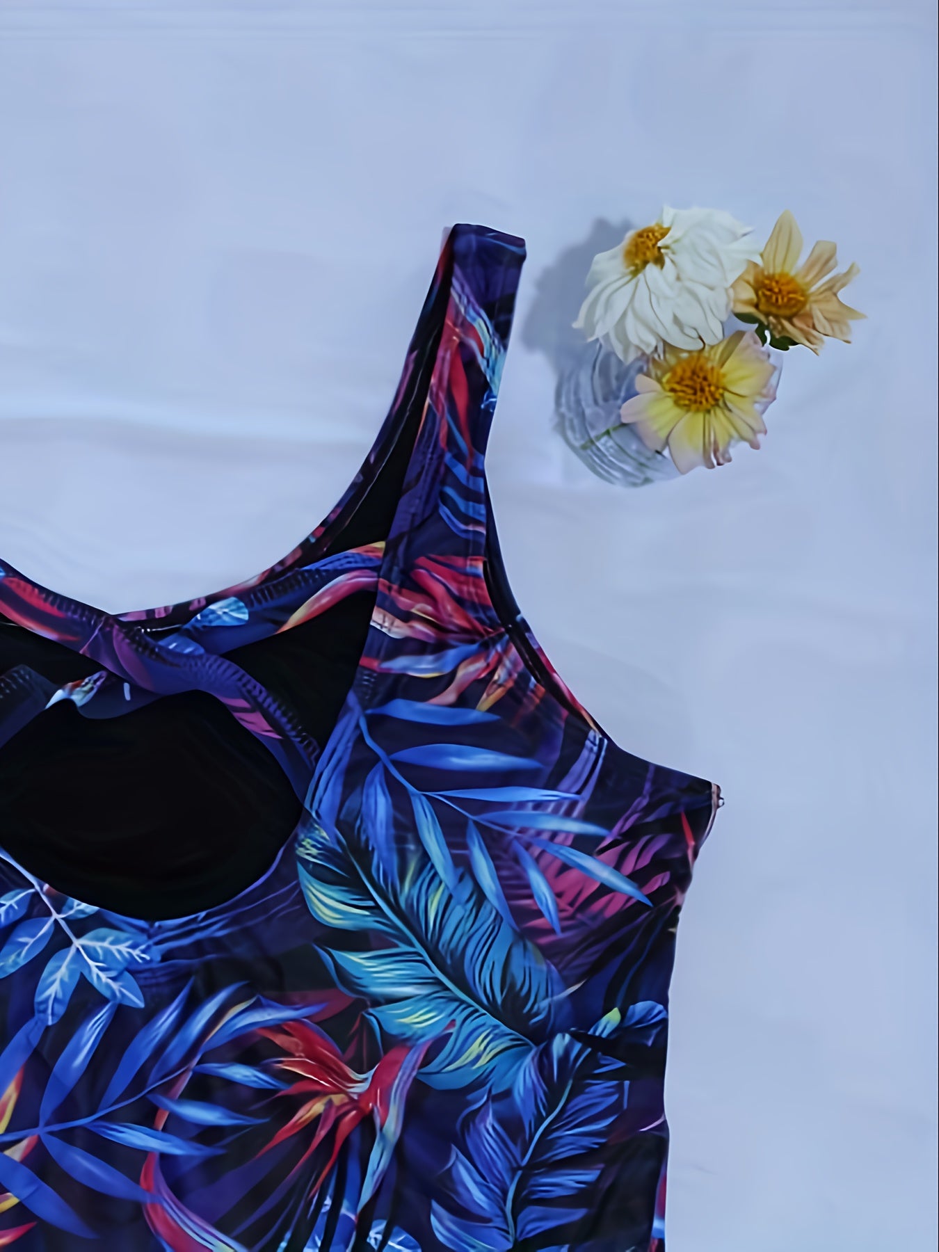 Boho Swimsuit Tropical Print Round Neck Tummy Control One Piece