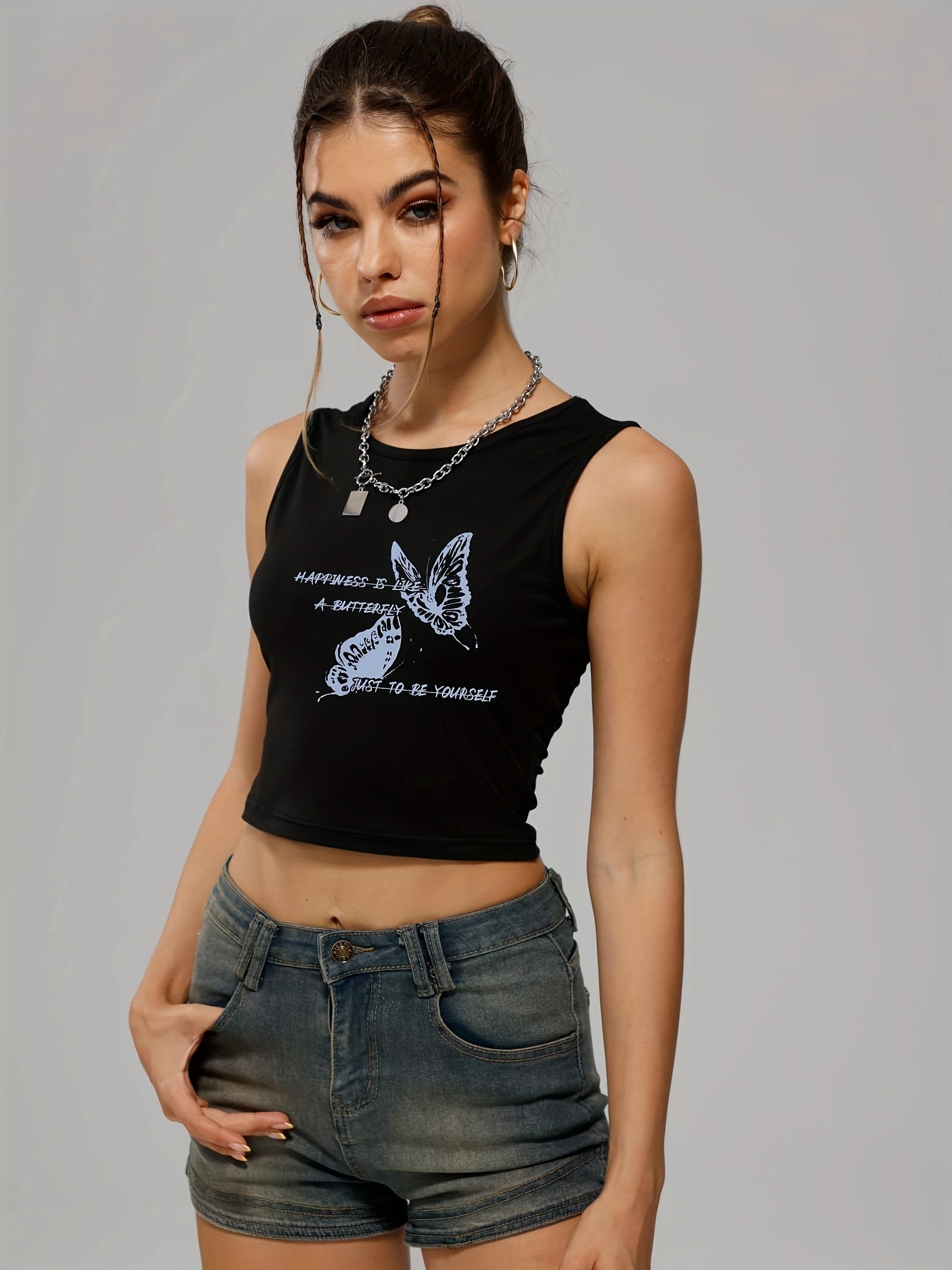 Butterfly Print Sleeveless Crop Top