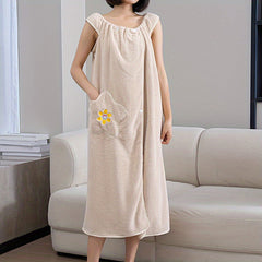 Thick Flower Pattern Bathrobe with Big Pocket, Absorbent Bathroom Towel