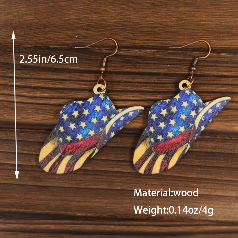 Independence Cowboy Hat Dangle Earrings Wooden Jewelry