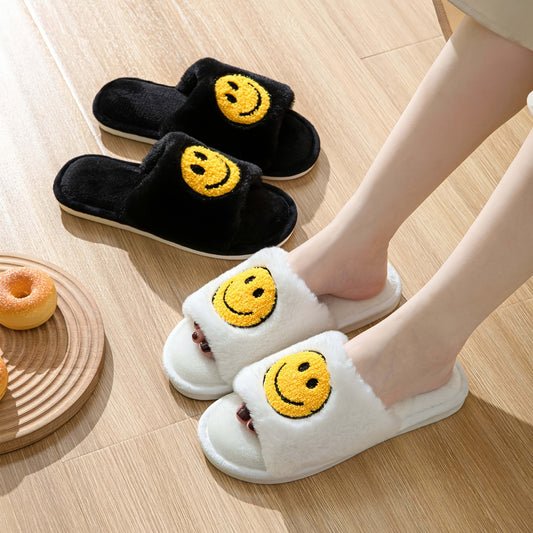 Smile Face Plush Slippers Open Toe Cozy Slip On Flat Fuzzy Shoes