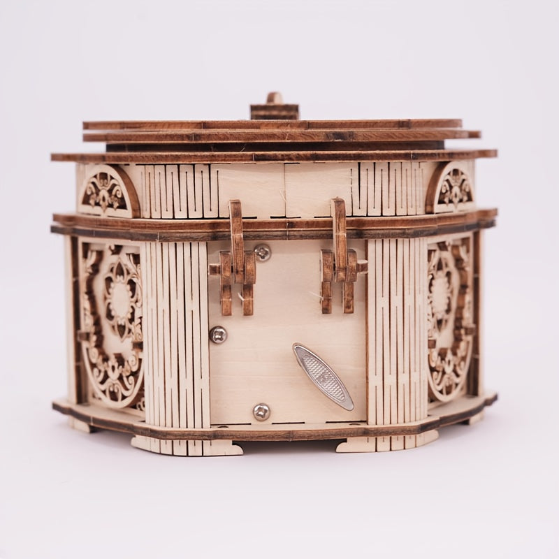 Vintage 3D Puzzle Music Box Layered Mechanical Intricate Carvings Beige Wooden