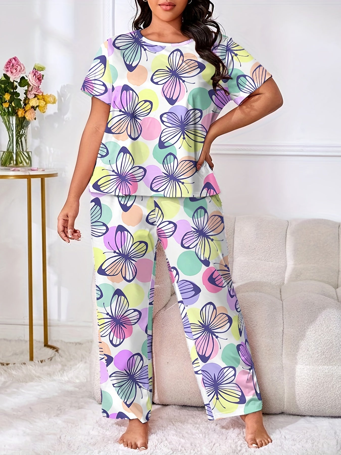  Colorful Dot & Butterfly Print Pajama Set