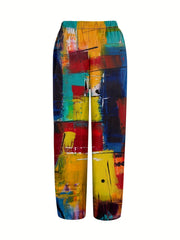  Colorblock Print Wide Leg Pants With Pockets