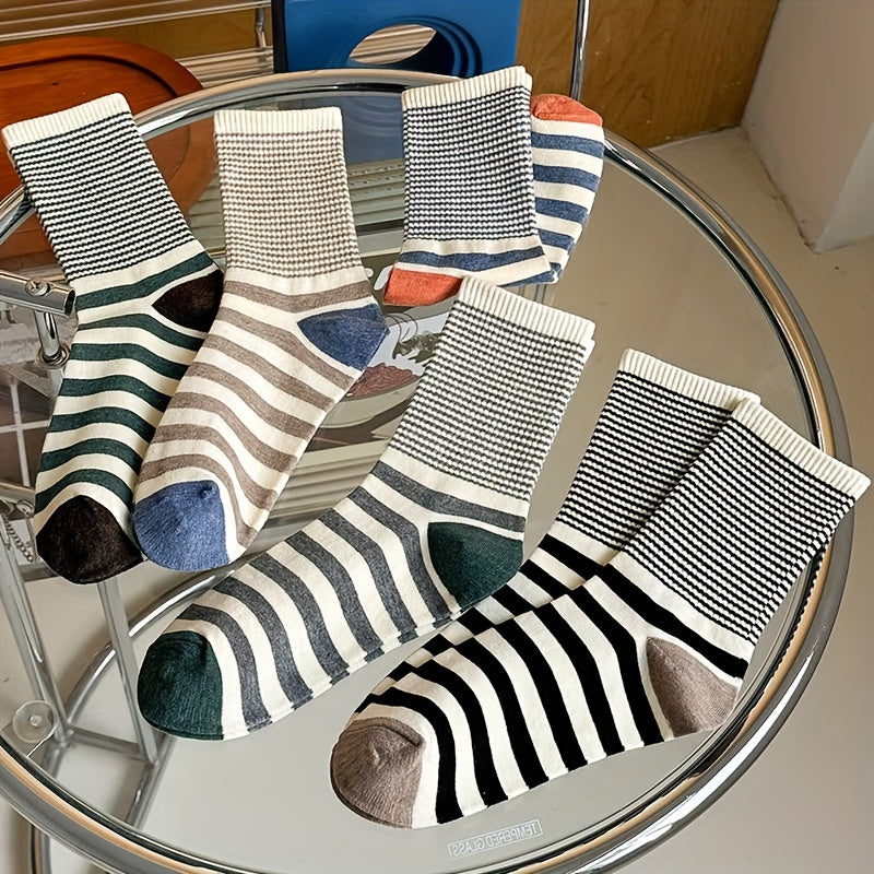 5 Pairs Striped Print Mid Tube Socks Women's Stockings
