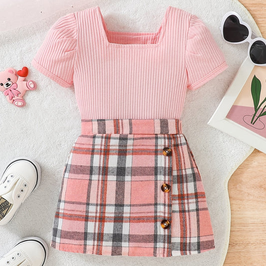 Toddler Girl Summer Clothes Set Ruffled Tee Plaid Skirt