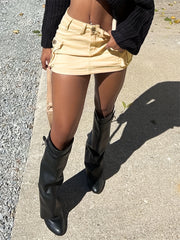 Khaki Denim Skirt with Flap Pockets