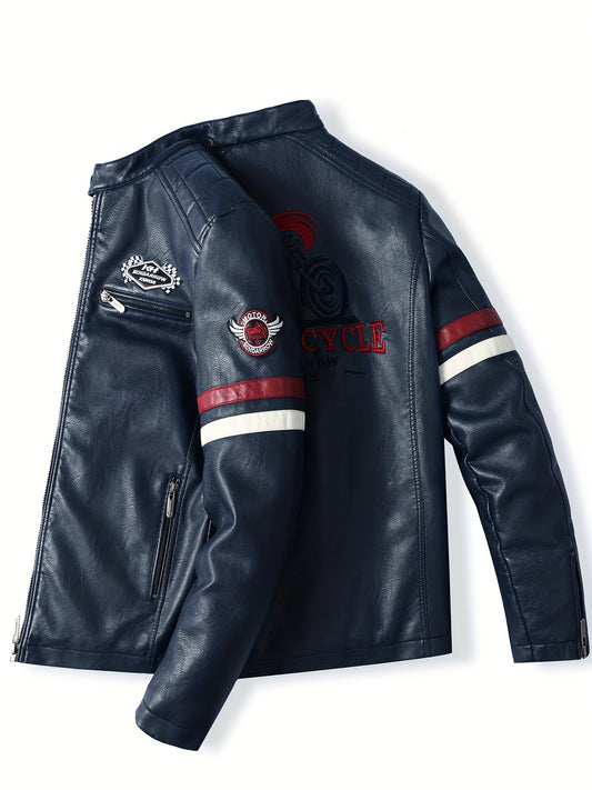 Men's Embroidery Cycling Jacket Casual Stand Collar PU Leather Zip Up Jacket