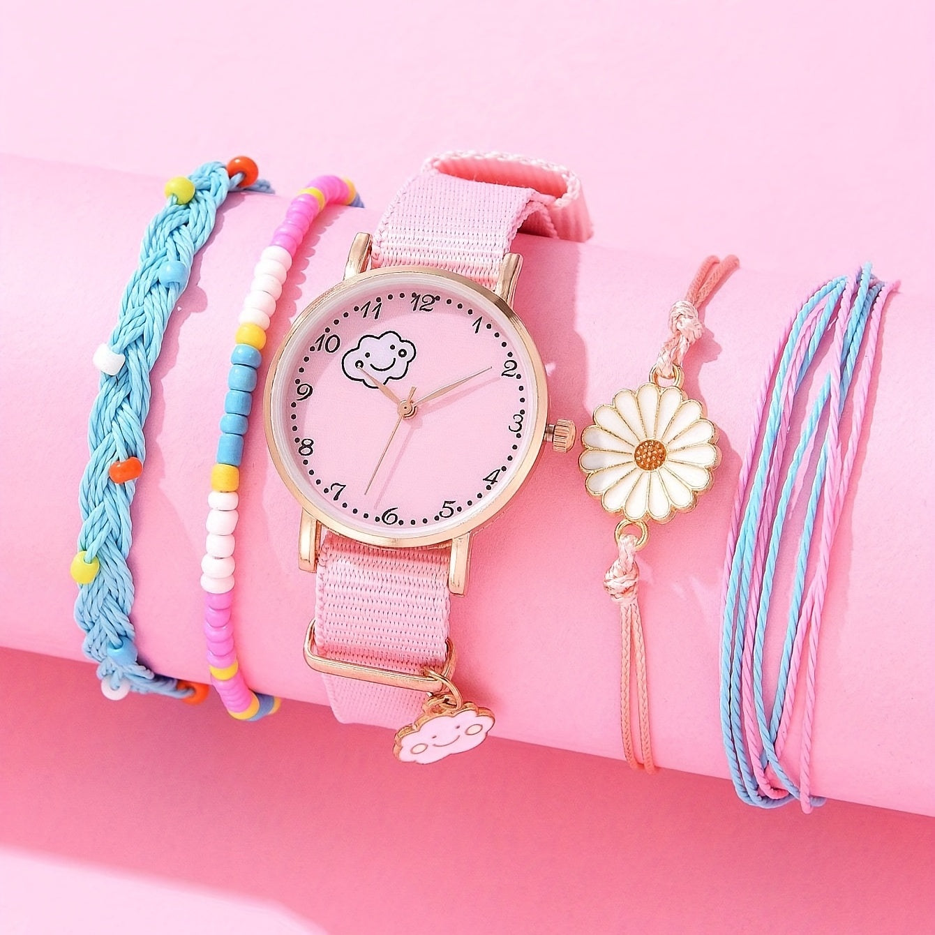 5pcs Pink Girls Quartz Watch Set