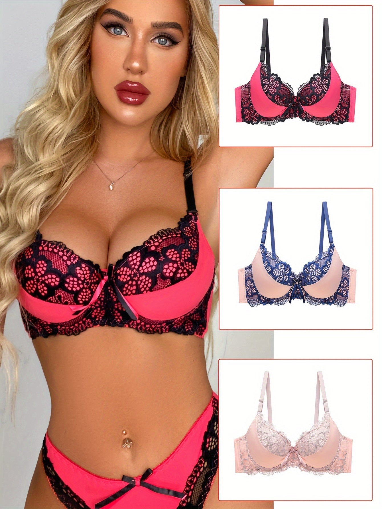 3pcs Contrast Lace Push Up Bras Colorblock Bra Women's Lingerie