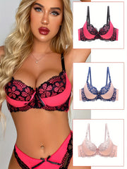 3pcs Contrast Lace Push Up Bras Colorblock Bra Women's Lingerie