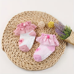 3 Pairs Kids Heart Graphic Lace Trim Princess Crew Socks