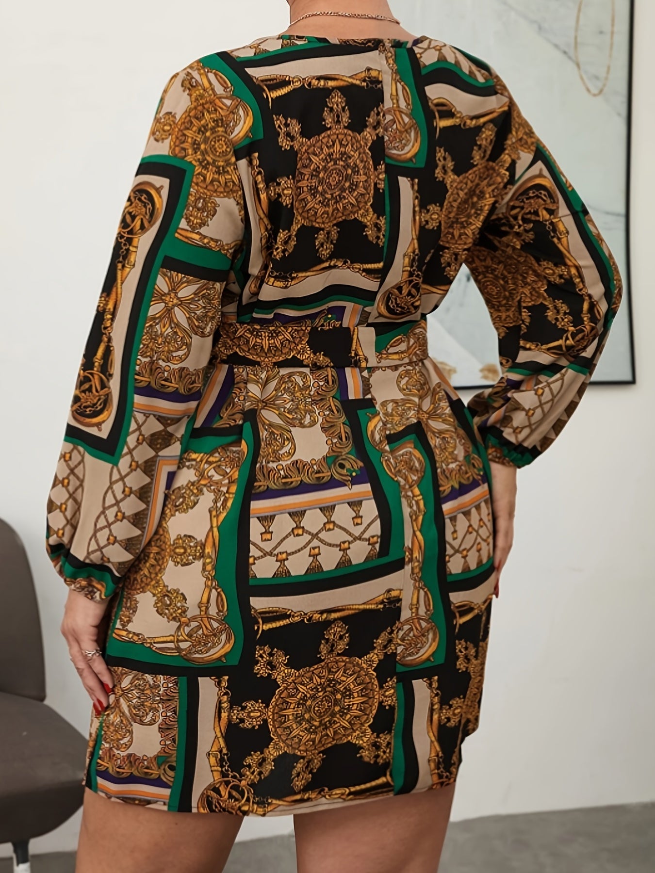  Scarf Print Lantern Sleeve A line Dress