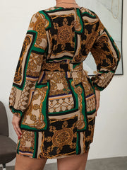  Scarf Print Lantern Sleeve A line Dress