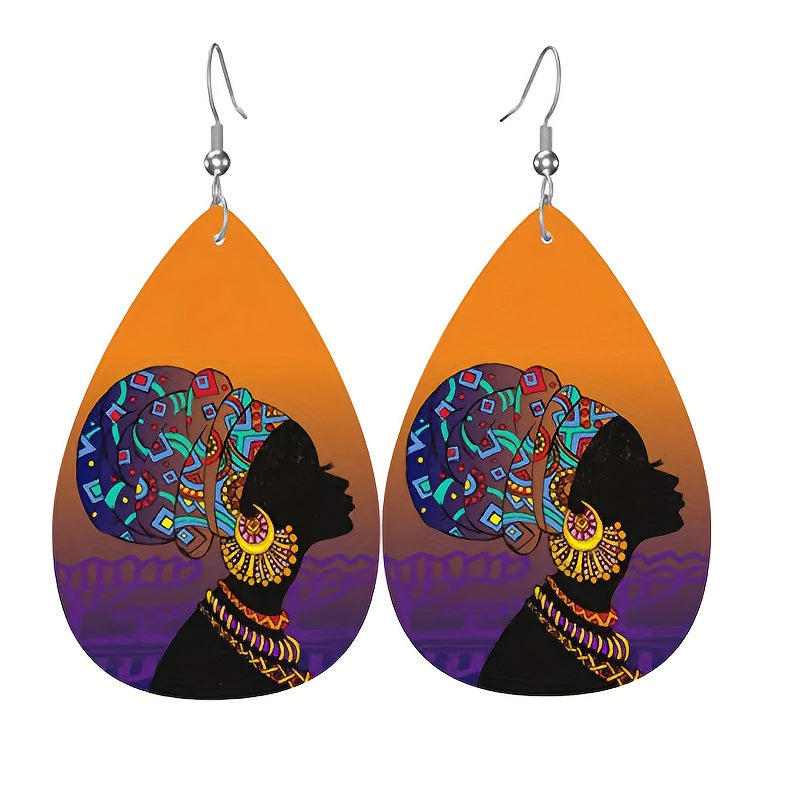 Girl Pattern Teardrop Earrings PU Leather Ethnic Style Halloween Gift